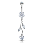 14K Vine Dangling Flower CZ White Gold Belly Ring