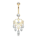 14K Chandelier Heart CZ Dangle Marquise Solid Gold Belly Ring