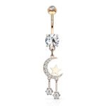 Dangling Moon and Star Belly Ring Rose Gold