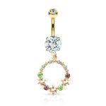 Crystal Flowers and Gems Set Circle Dangle Belly Button Ring - Gold