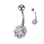 Silver Round CZ Sunburst Belly Button Ring