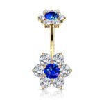 Double 7 CZ Internally Threaded Gold Blue Flower Belly Button Ring