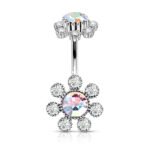 Iridescent Gem Center Silver Plated Flower Belly Button Ring