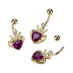 Gold Paved Crown and Pink Gem Heart Belly Button Ring