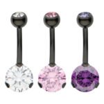 Black Barbell with Prong Set Gem Belly Ring