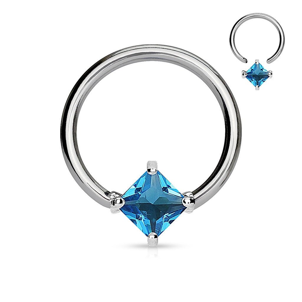 Solitaire Aqua Diamond Shape CZ Captive Ring - The Body Rings