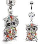 Owl on a Branch Multi Color Gemmed Belly Ring