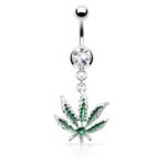 Dangling Marijuana Belly Ring with Crystal Gem